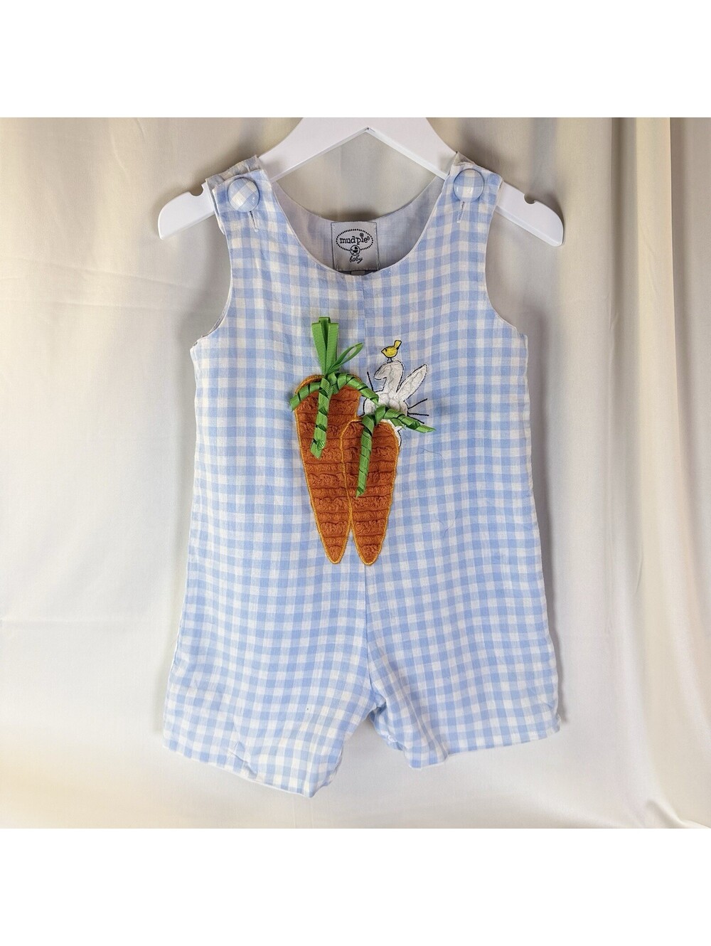 Mudpie Easter Blue Gingham Carrot Bunny Romper 12-18 Months Ribbon Spring